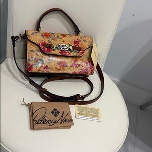 Patricia Nash Aegean Blooms Gold/Brown/Pink Floral Print Leather Crossbody Bag